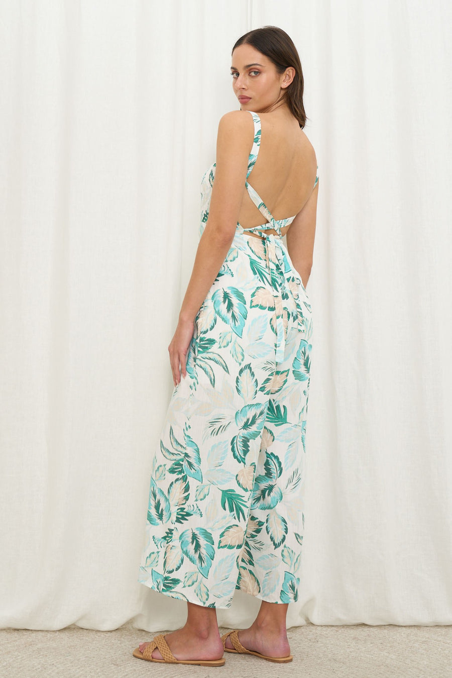 White Green Leaf Print Jumpsuit