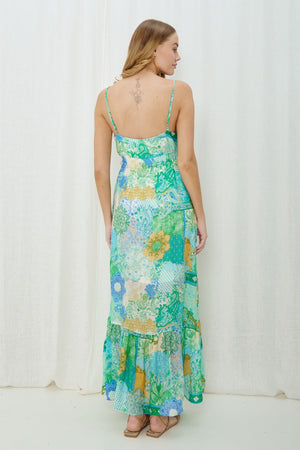 Blue green boho pattern maxi dress