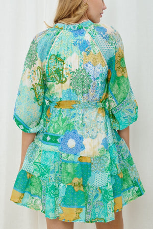 Blue green paisley short dress