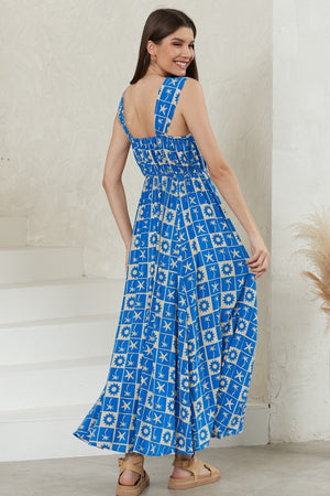 Blue beige sun palm print maxi dress