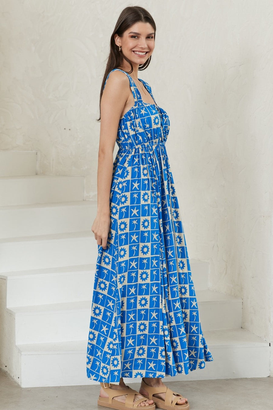 Blue beige sun palm print maxi dress