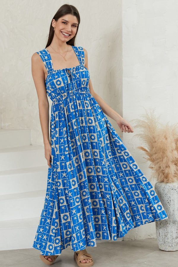 Blue beige sun palm print maxi dress