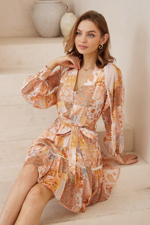 Orange boho print sleeved dress