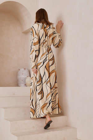 Beige tan pattern sleeved maxi dress