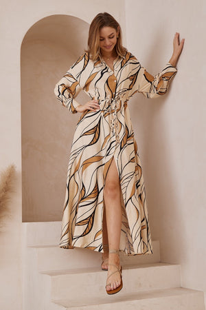 Beige tan pattern sleeved maxi dress