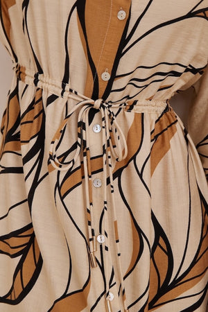 Beige tan pattern sleeved maxi dress