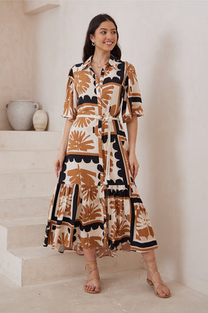 Beige tan black pattern midi dress