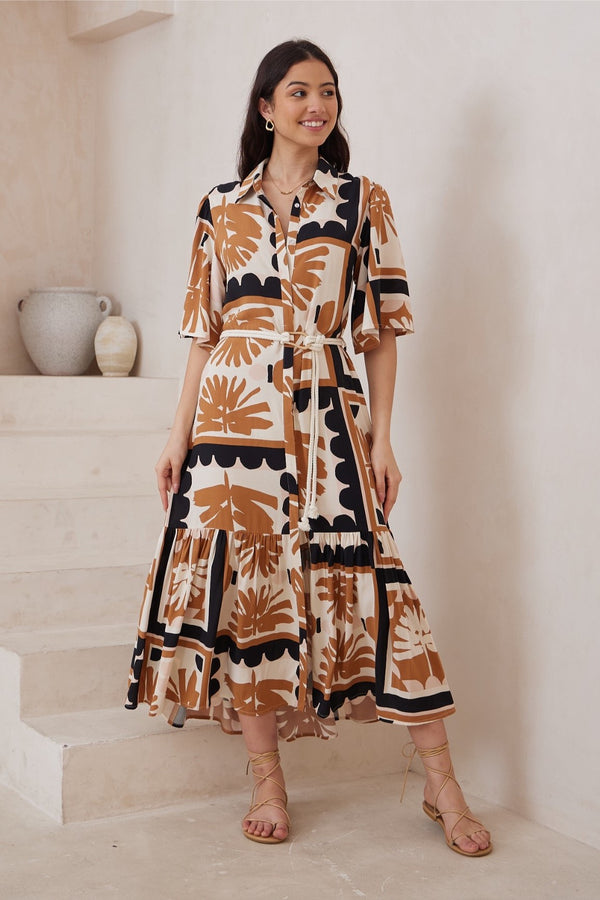 Beige tan black pattern midi dress