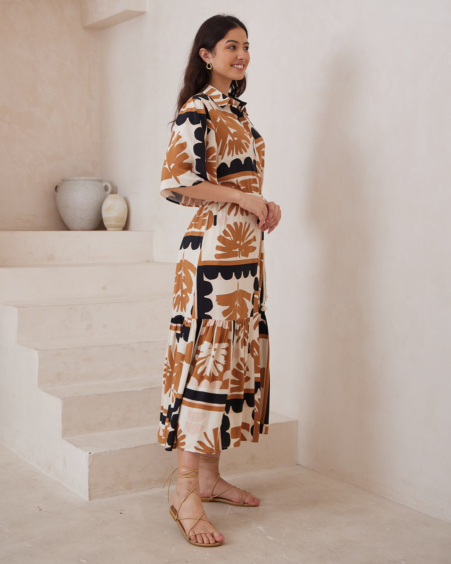 Beige tan black pattern midi dress