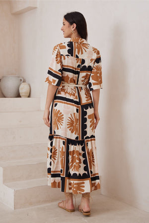 Beige tan black pattern midi dress