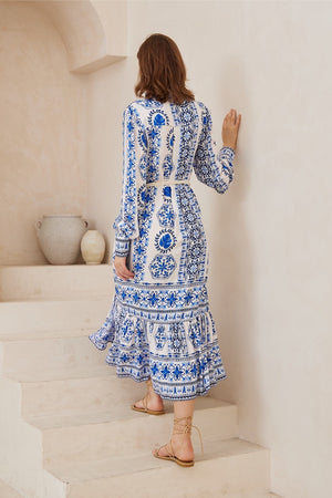 White blue print sleeved maxi dress