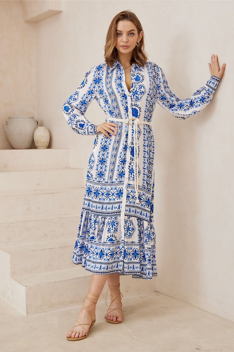 White blue print sleeved maxi dress