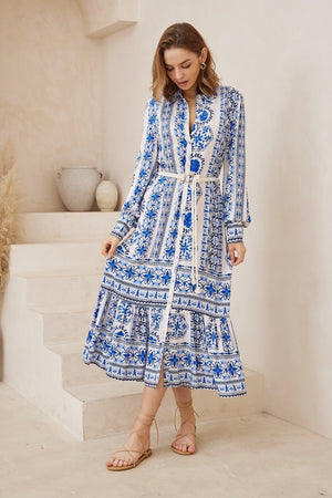 White blue print sleeved maxi dress