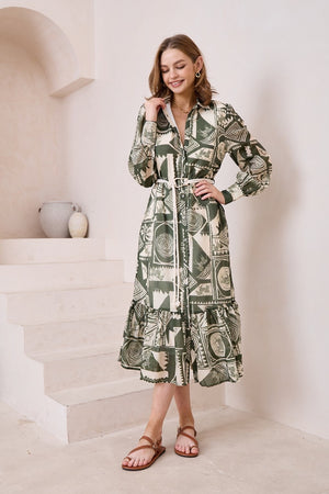 Green zebra pattern sleeved maxi dress
