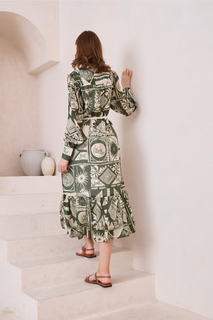 Green zebra pattern sleeved maxi dress