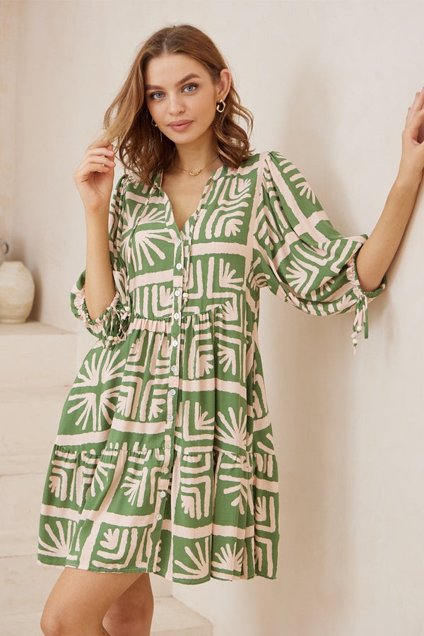 Green beige pattern loose fit dress