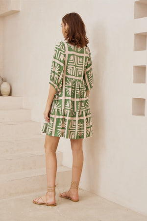 Green beige pattern loose fit dress