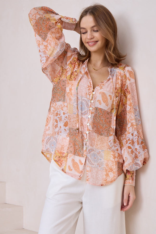 Orange boho print sleeved button up shirt