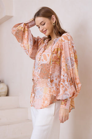Orange boho print sleeved button up shirt