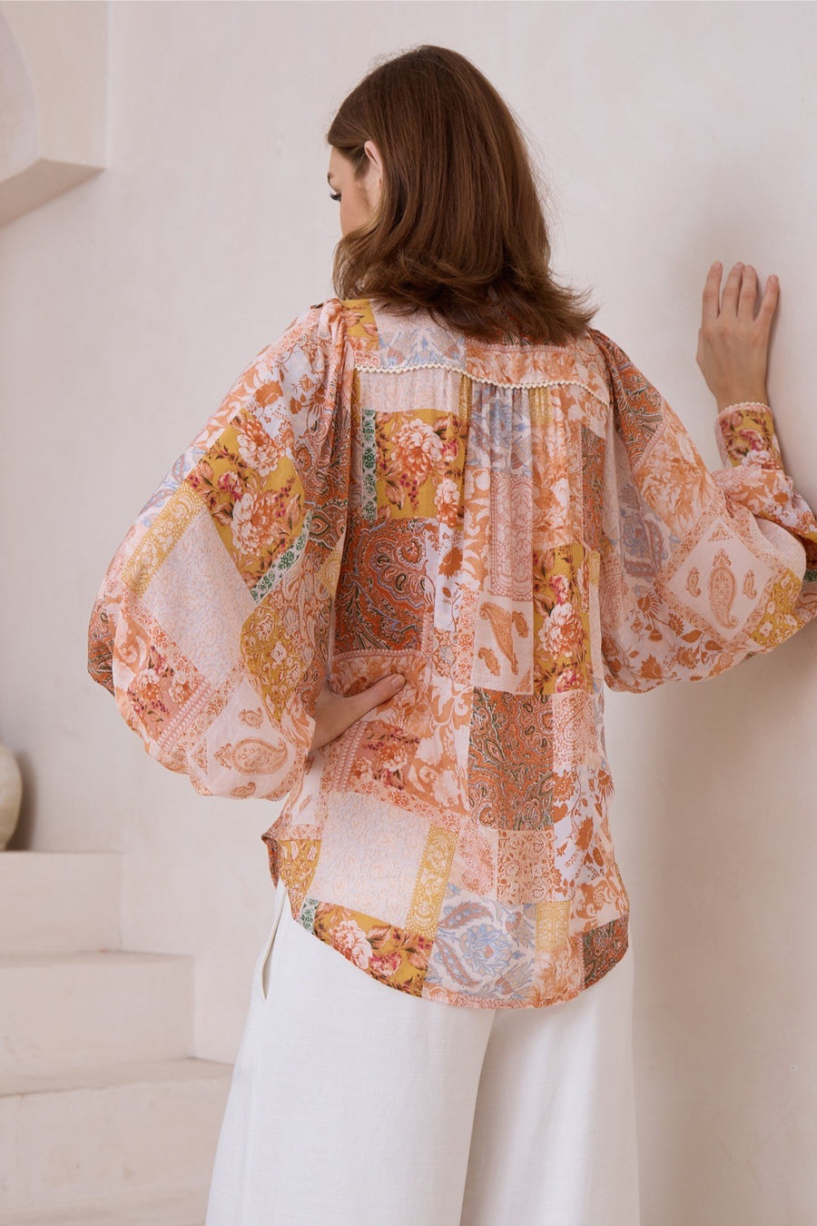 Orange boho print sleeved button up shirt