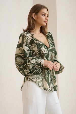 Green cream safari sleeved button up shirt