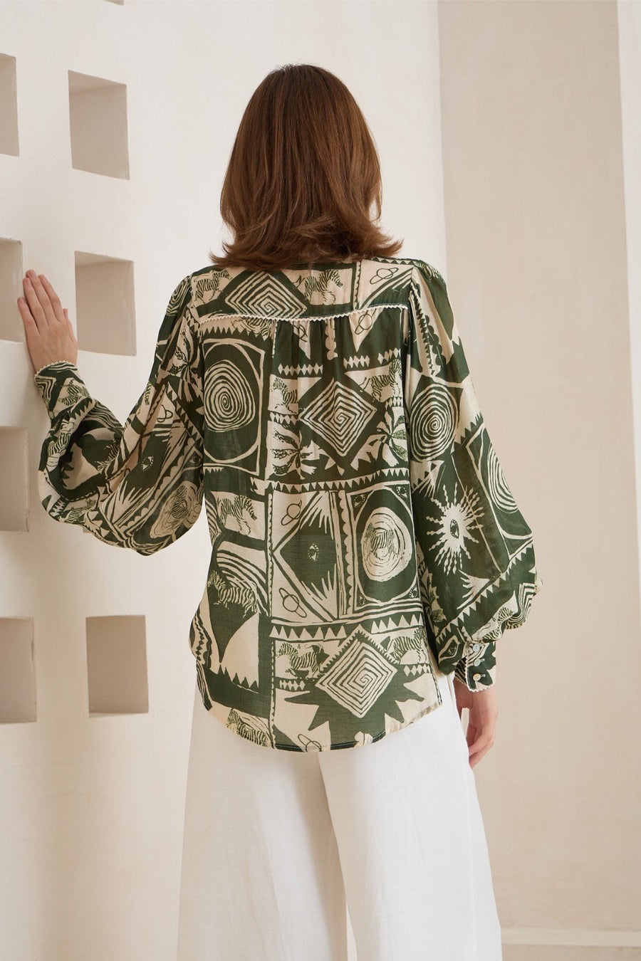 Green cream safari sleeved button up shirt