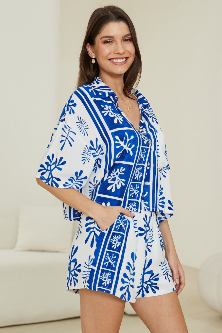 White blue pattern top