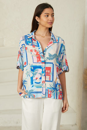 Blue Red Mediterranean button up shirt