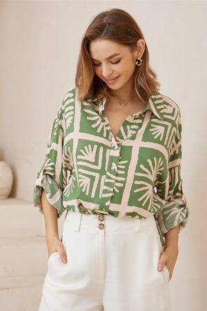 Green beige pattern long sleeve shirt