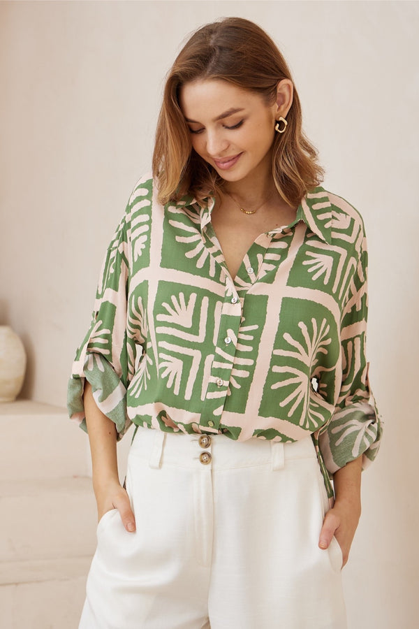 Green beige pattern long sleeve shirt