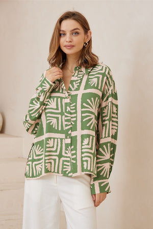 Green beige pattern long sleeve shirt