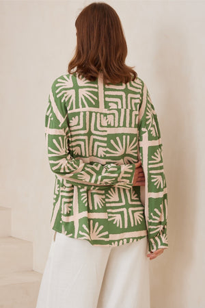 Green beige pattern long sleeve shirt