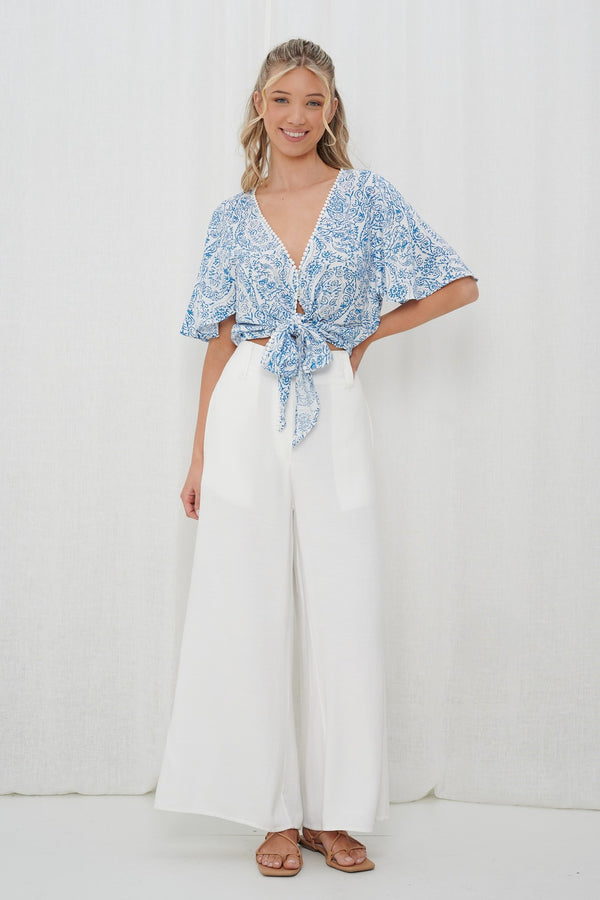 White Blue Print Tie Top