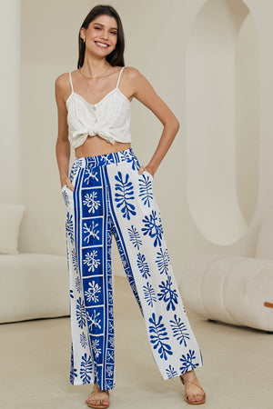 White Blue Coral Print Pants