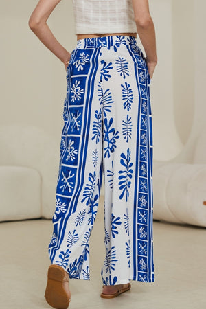 White Blue Coral Print Pants