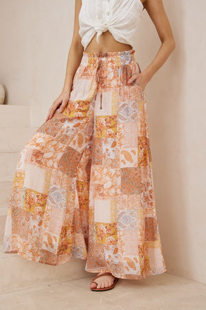 Orange white boho print long pants