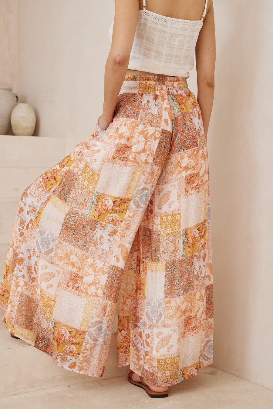 Orange white boho print long pants