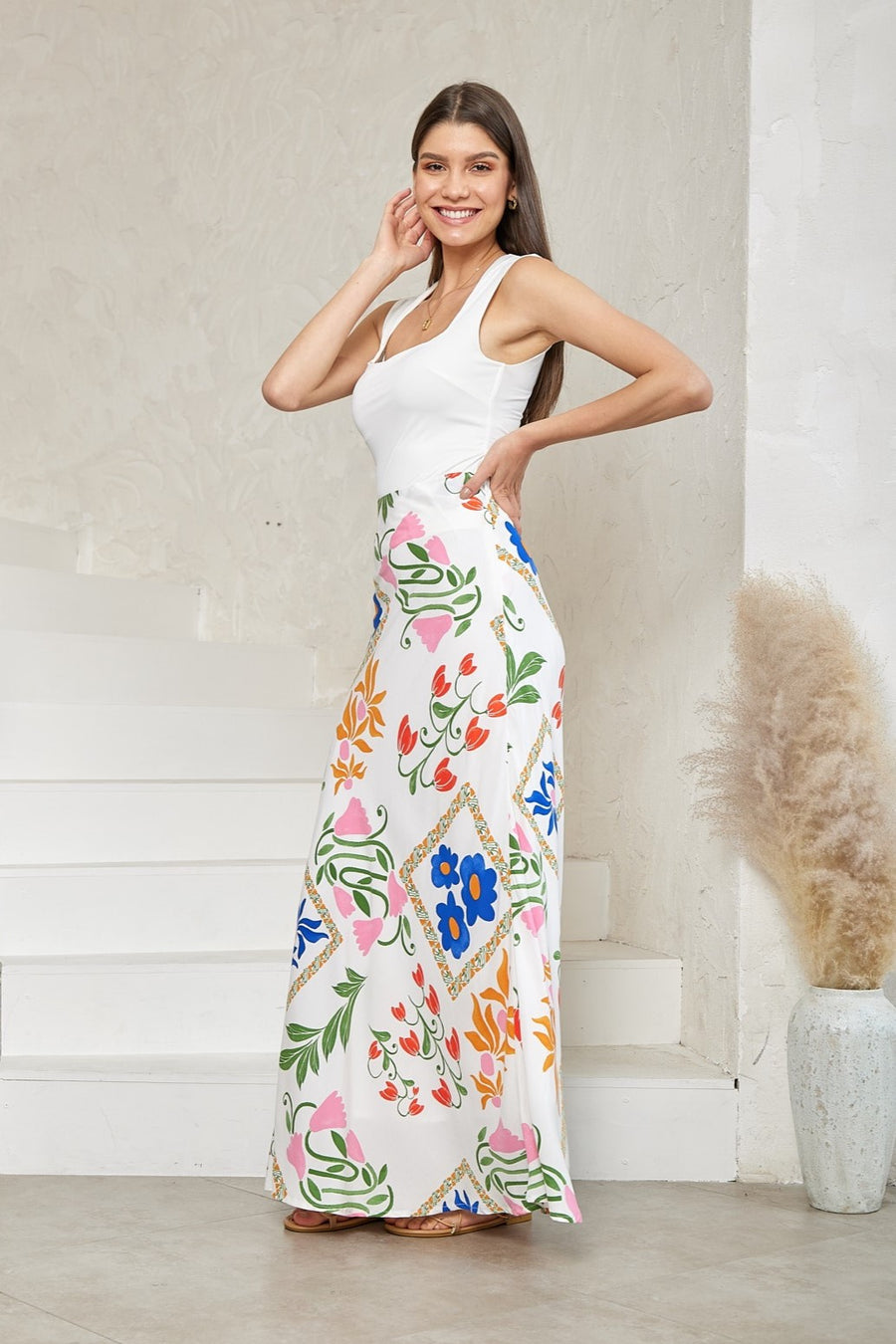 White Multi Floral Maxi Skirt