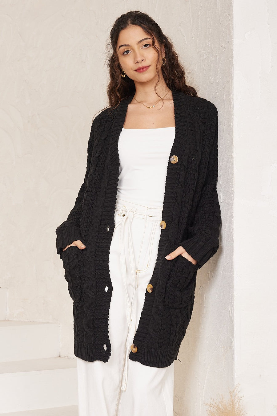 Black thick knit button detail cardigan