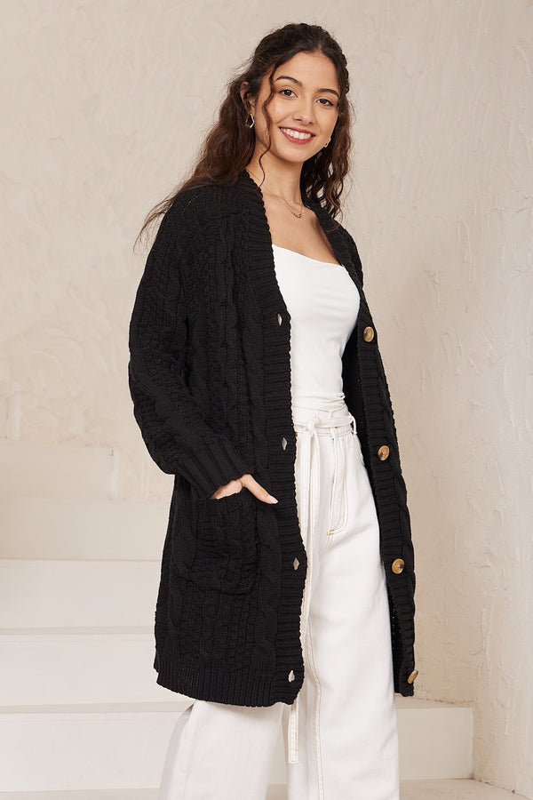 Black thick knit button detail cardigan