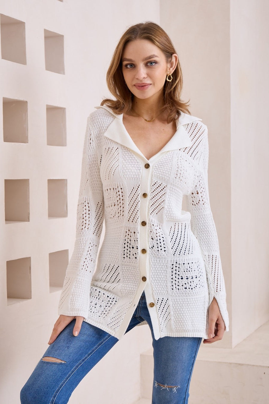 White crochet button up cardigan