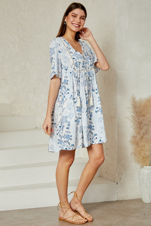 Blue floral tassel tie dress