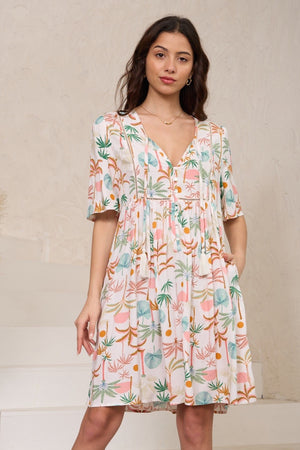 White palm tree print tassel tie dress