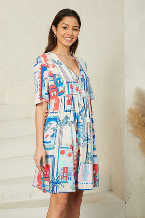 Blue Red Mediterranean tassel tie dress