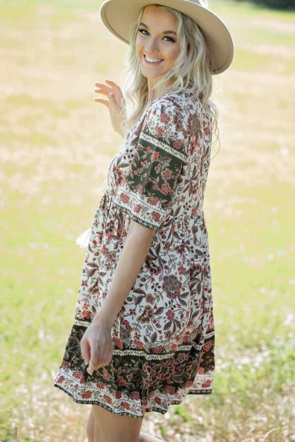White brown red floral loose fit dress