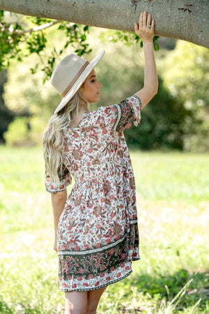 White brown red floral loose fit dress
