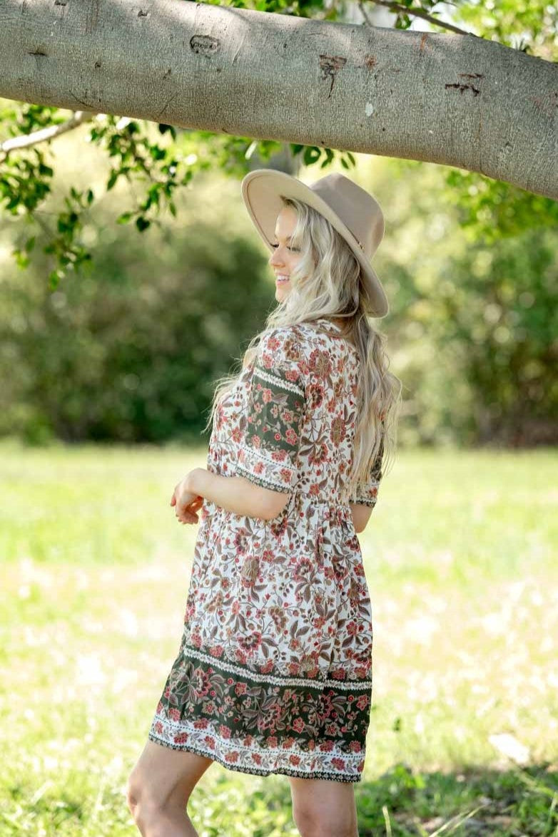 White brown red floral loose fit dress