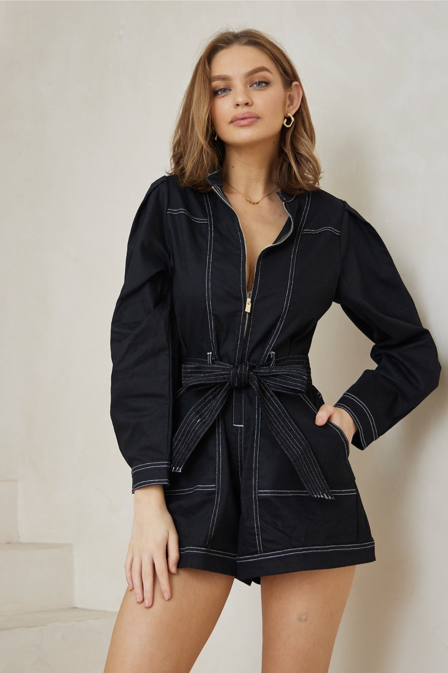 Black denim sleeved playsuit