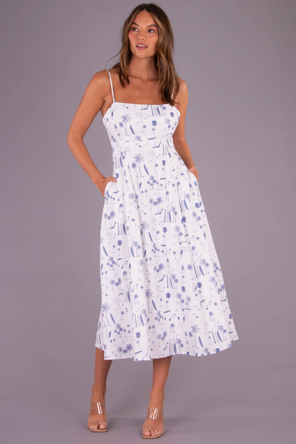 White blue seaside print midi dress