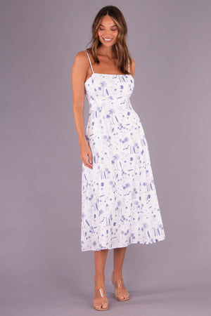 White blue seaside print midi dress